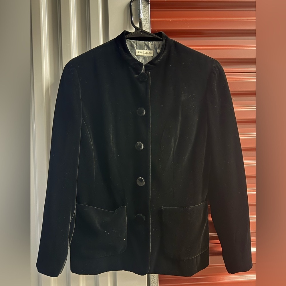 Vintage Ann Taylor Black Velvet Blazer Mandarin Collar Jacket Whimsigoth 90s